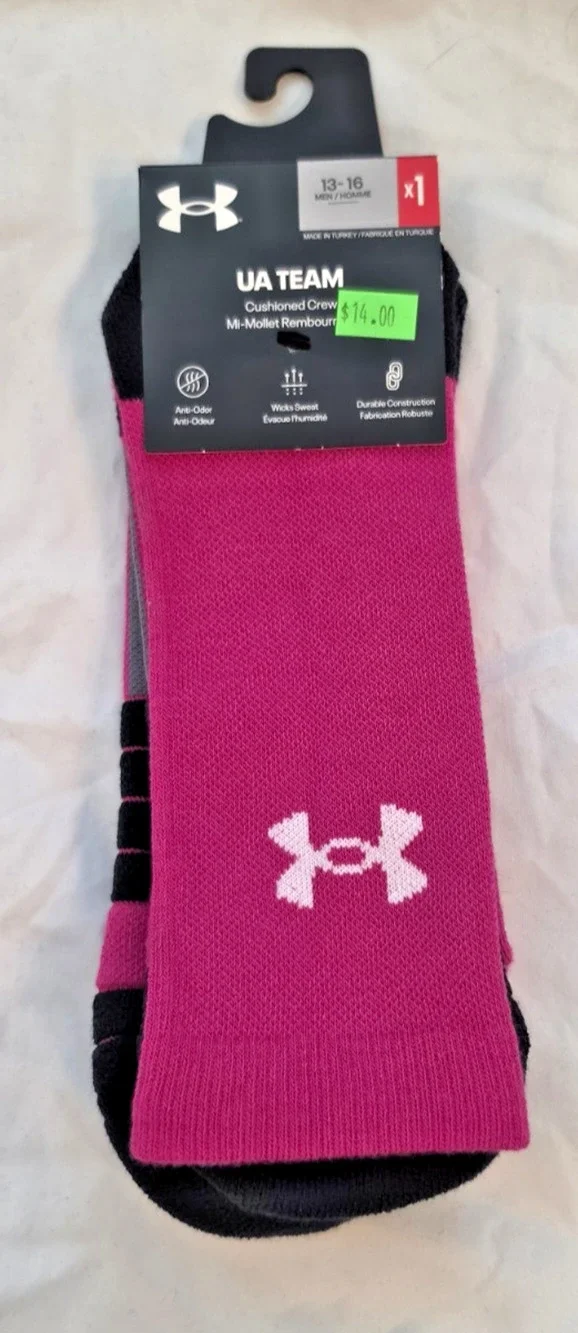 Under Armor Pink Socks Anti Odor Crew Left/Right Arch Support U7706P1 $14 13-16